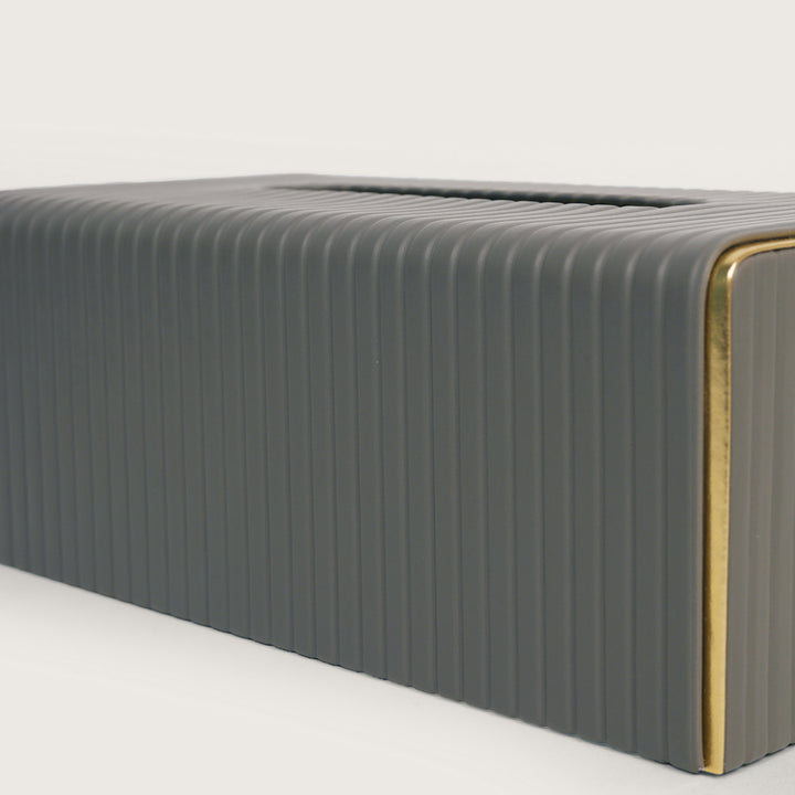 Leather Tissue Box Holder Ribbed - Grey with Golden Trim