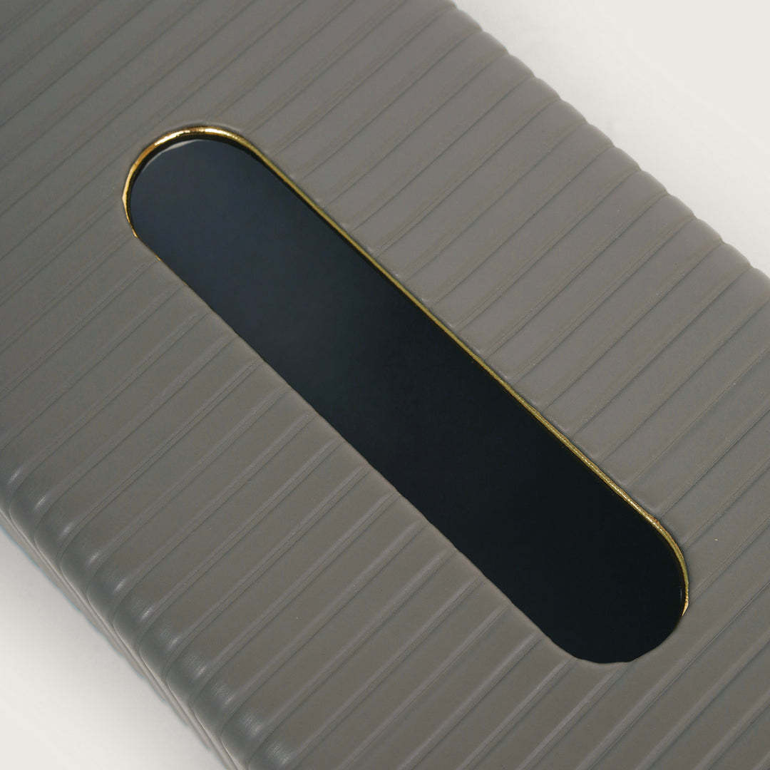 Leather Tissue Box Holder Ribbed - Grey with Golden Trim