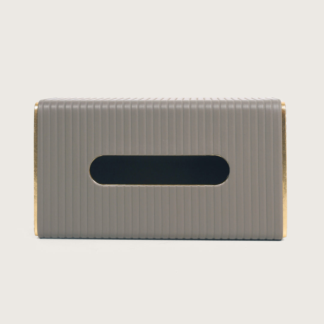 Leather Tissue Box Holder Ribbed - Grey with Golden Trim