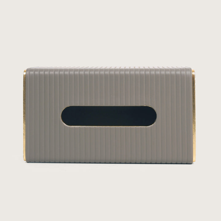 Leather Tissue Box Holder Ribbed - Grey with Golden Trim