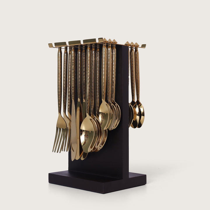 Golden Cutlery Set of 24 with Wooden Stand