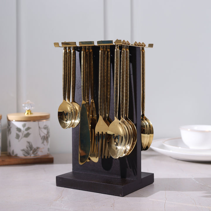 Golden Cutlery Set of 24 with Wooden Stand
