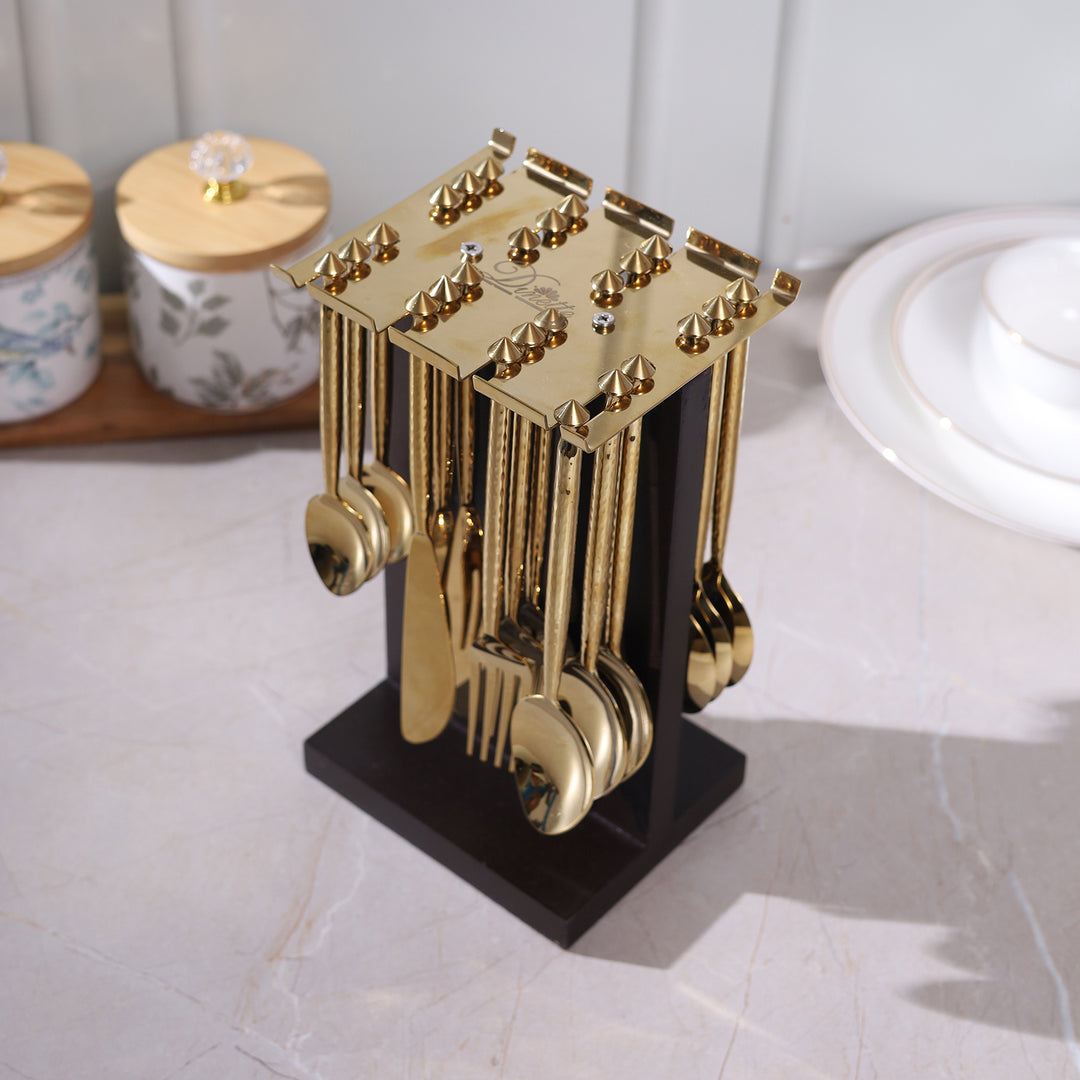 Golden Cutlery Set of 24 with Wooden Stand
