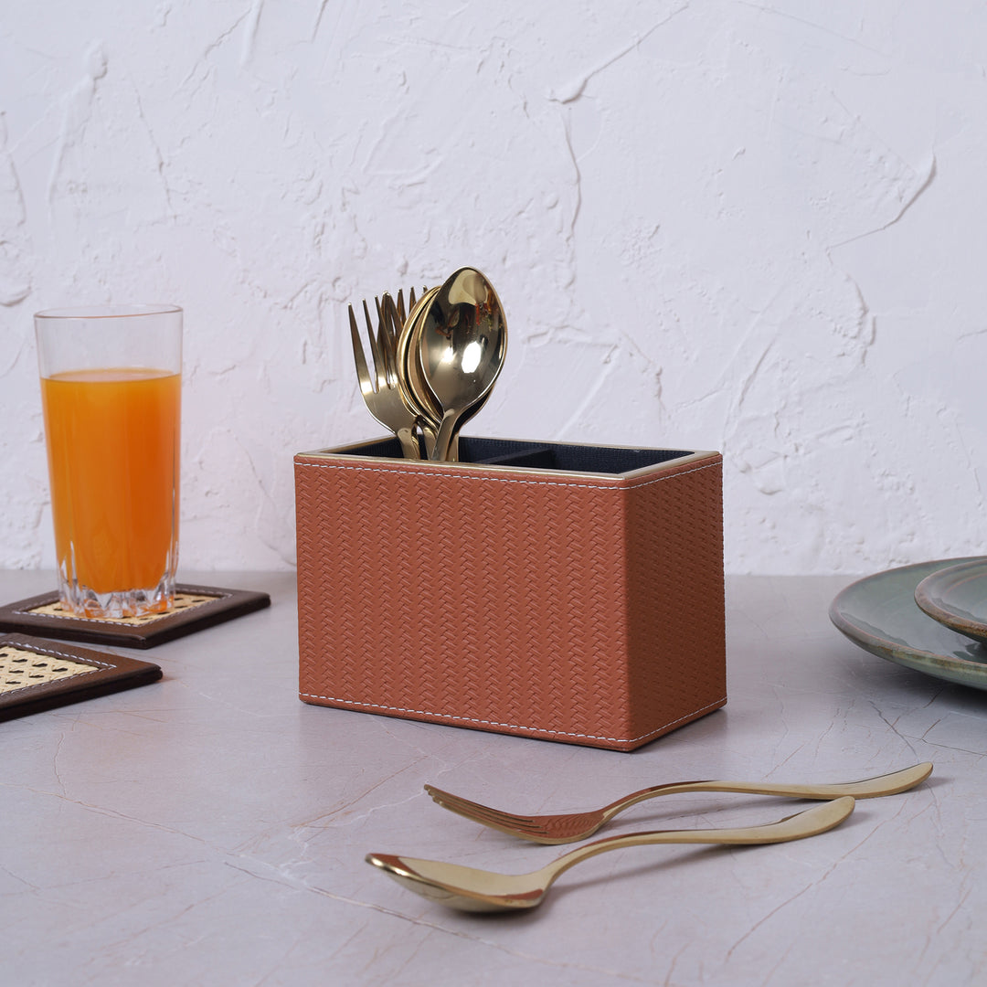 Leather Cutlery Stand With 2 Compartment