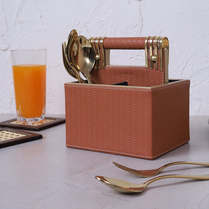 Leather Cutlery Stand with 4 Compartment