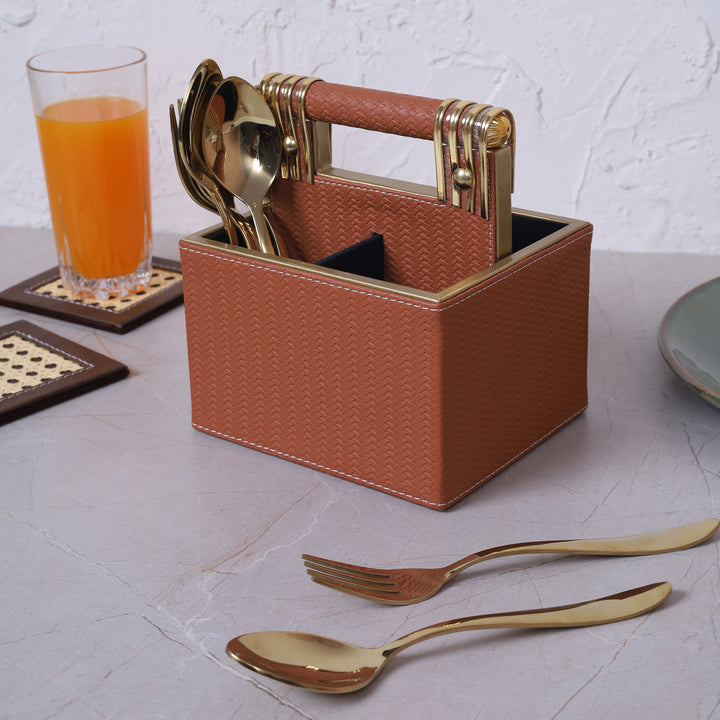 Leather Cutlery Stand with 4 Compartment