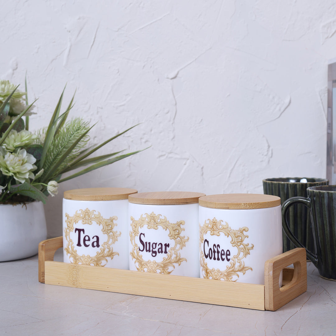 Coffee, Sugar & Tea Jar 850ML with Bamboo Lid & Tray Set of 3