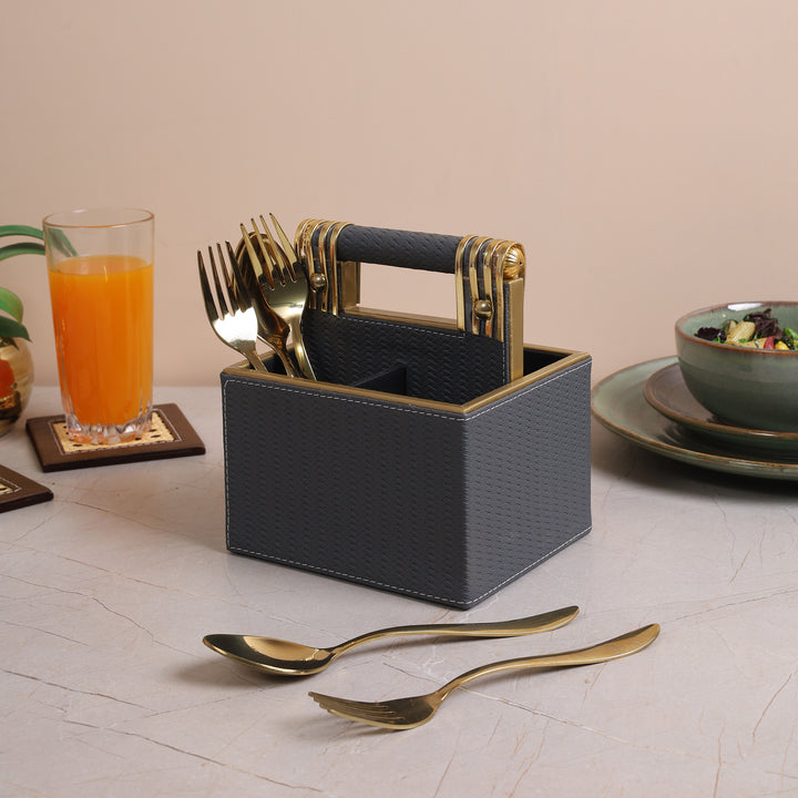 Leather Cutlery Stand With 4 Compartment