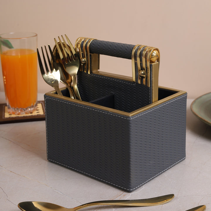 Leather Cutlery Stand With 4 Compartment