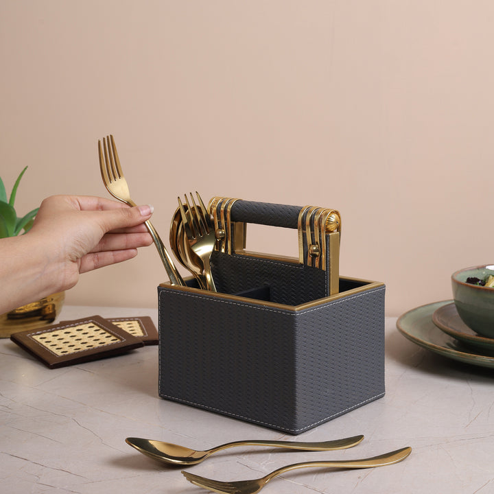 Leather Cutlery Stand With 4 Compartment