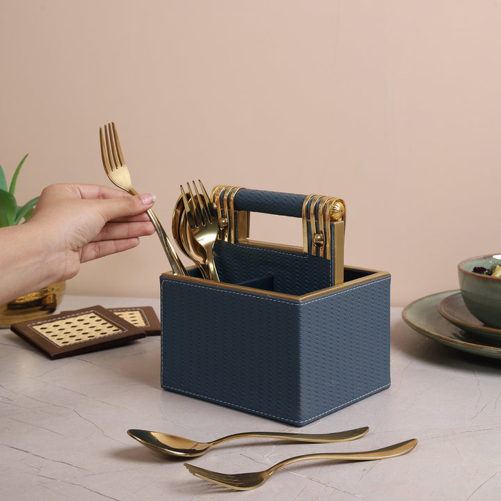 Leather Cutlery Stand With 4 Compartment